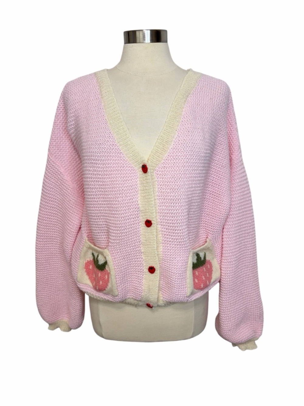 ROMWE Kawaii Strawberry Pattern Bishop Sleeve Sweater Cardigan, Large - Picture 2 of 12